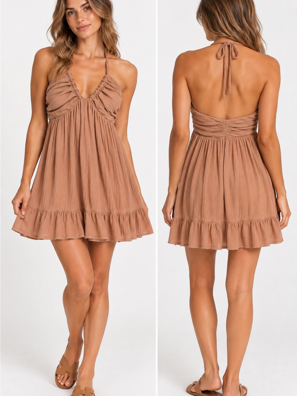 Papermoon Boho Halter Mini Dress – Dusty Peach/Tan – Size Small